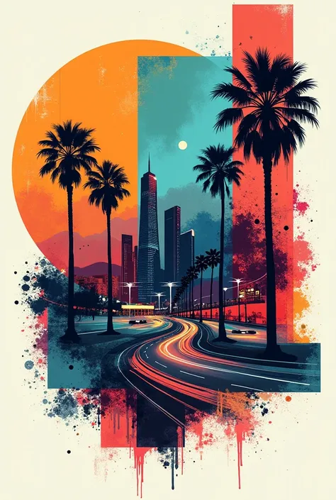 Create a vibrant  design with abstract shapes,  of L.A perfect for a t-shirt."
