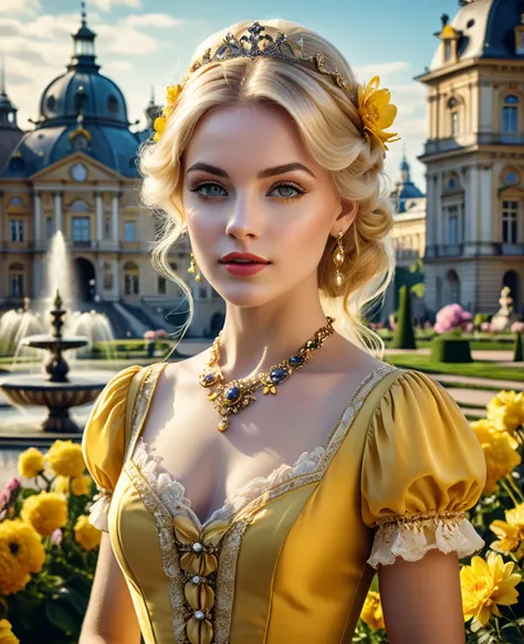 Beautiful vintage European woman with blond hair in a sophisticated yellow dress made of Victorian style, perfect face, makeup. The rich royal palace in the background, many flowers are surrounded, a fountain. Soft lighting. Realistic photography. High det...