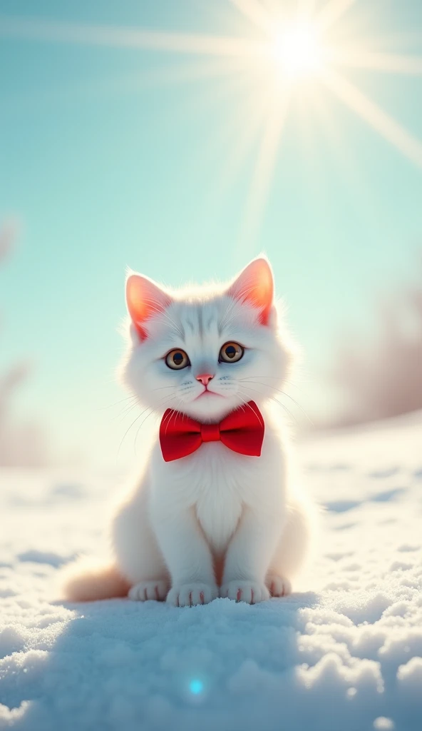 In the second image, a white kitten with a red bow tie is sitting on white snow against a calm sky, looking at the camera. The sun's rays are gently spreading in the sky, creating a sense of warmth.