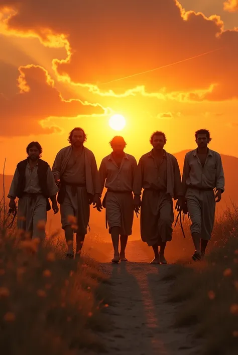 The six tired brothers returning home empty-handed at sunset.
Six exhausted brothers walking back through a countryside, their faces showing frustration and disappointment, with the sun setting behind them.