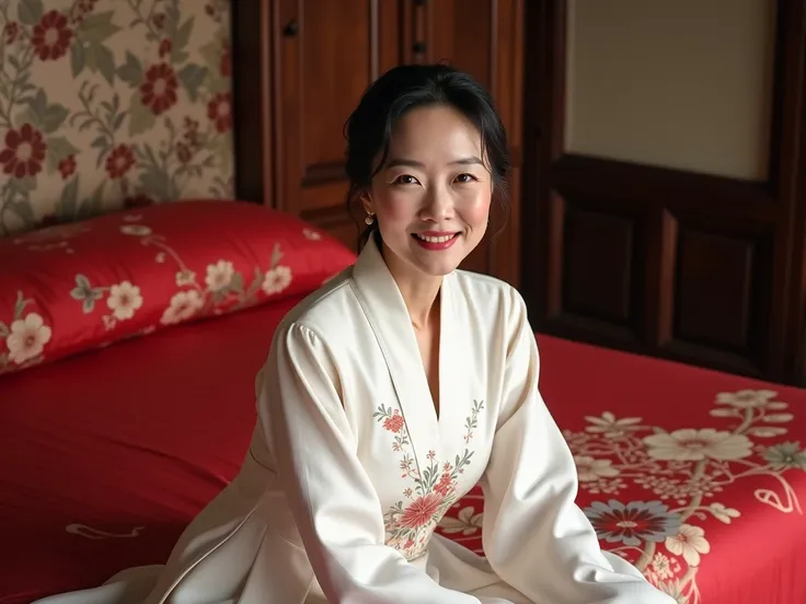 high quality, ultra high resolution, very detailed, masterpiece, middle aged Chinese woman, very elegant, very beautiful, wearing a white long floral dress, sitting on a red bed with floral patterns, smiling warmly towards the camera.