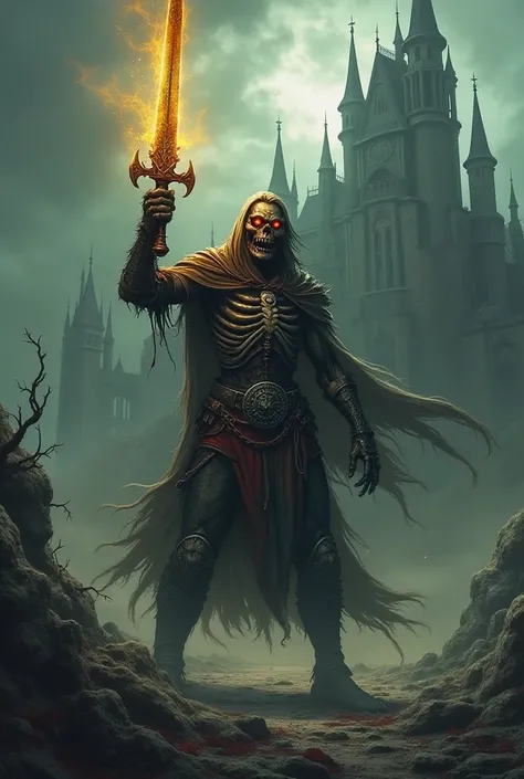 A Zombie Warrior and has a golden sword with dark castle background 