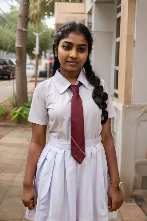 chubby Tamil girl most blackest darkest duskiest coloured short 5th grade school girl in school dress skirt and shirt.