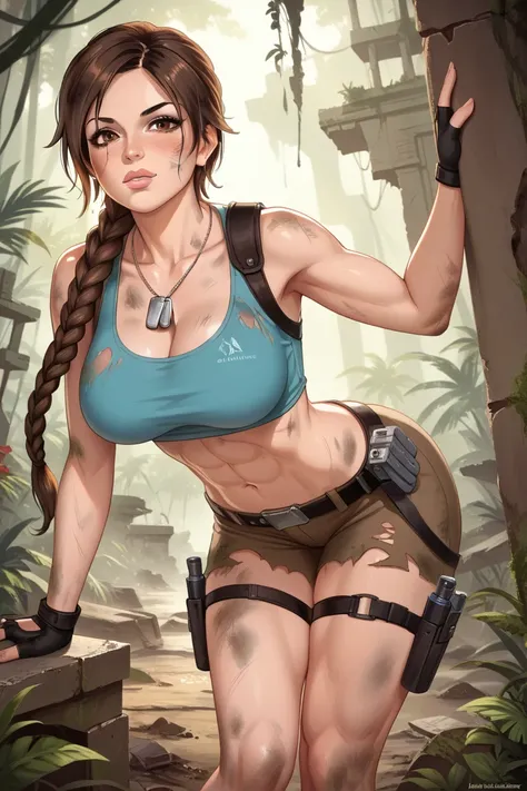 anime_source, (masterpiece), best quality, expressive eyes, perfect face, score_9, score_8_up, score_7_up, 1girl, lara croft, abs, braid, breasts, brown eyes, brown hair, holster, large breasts, lips, looking at viewer, navel, solo, thigh holster, thigh st...