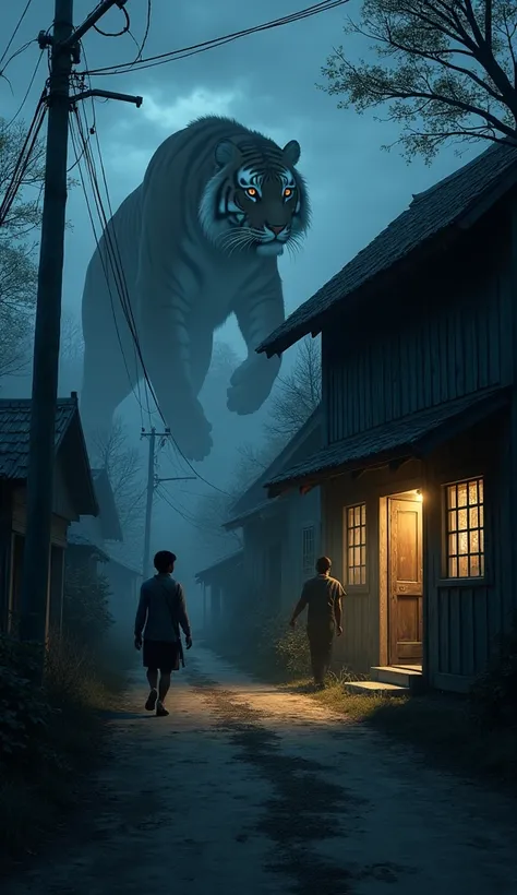 1. Line: "Once, in a village, a tiger caused great fear among the people."

Prompt: A quiet rural village at dusk, people looking anxiously from their windows. A large tiger lurks in the distance, casting a shadow over the village. The atmosphere is tense....