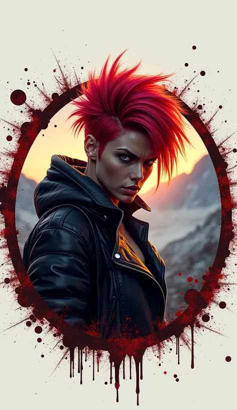 Color logo, splash style, splatter. Dynamic plot in a round frame. Hyper-realistic photography of Wasteland Mountain, Minerva. red hair with a ruby ​​tint, black leather jacket, menacing look, post-apocalypse. Steampunk. The inscription along the contour o...