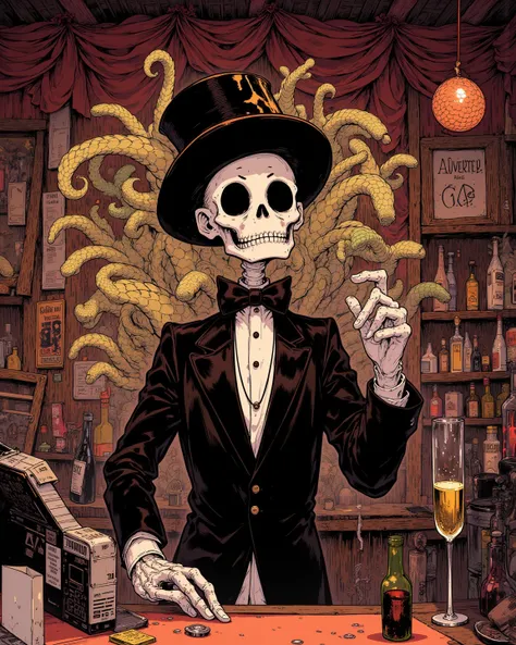  There is a picture of a cartoon character of a man with a skeleton dancing in a bar , Cute cartoon,Skeleton Man in a silk hat and tuxedo , Dancing with a Stick , A keyboard and microphone with anthropomorphic hands and feet growing on the sides, Mirror Ba...