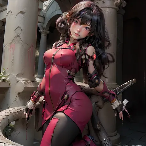 - Main Character, Beautiful "Greek" Woman, Long Hair, Halo.

Wearing many accessories.

- Wearing a costume ("Full Sexy Armor"), a costume that embodies the form of "Adefagia". (Chest and Thighs are open). Futuristic Costume Design

Wearing a dull Dark Red...