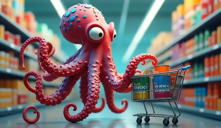 Octopus standing ,  placing paint cans from ADVANCE TINTAS in the grocery cart. He is at the ADVANCE TINTAS 