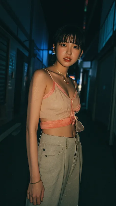 (ultra-realistic, 8K, highly detailed masterpiece:1.5), (nighttime urban alley, empty and moody:1.4), (intense flash photography, harsh lighting reflecting on skin:1.4), (breathtakingly beautiful young Japanese woman, bold and confident presence:1.4), (upp...