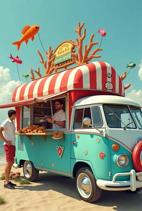  vintage light blue van with red and white tent from which plush fish hang. colored corals attached to the car .  man in the van serving fried fish 