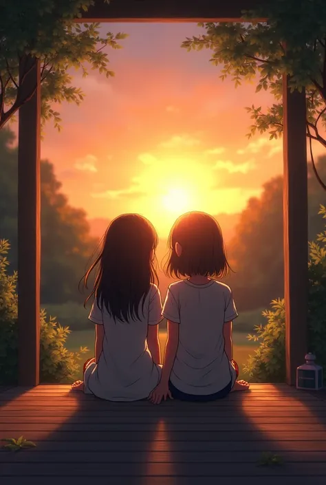 2 age girls sat on the porch and watching a sunset. Only thier back portion can be seen