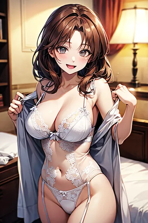 Ryu Sujeong, (((white lingerie))), Very detailed、highest quality、Best image quality、masterpiece、8k、Anime Face、A kind smile、Open Mouth、(brown middle hair:1.5)、big breast, sexy、 beautiful body 、Cowboy Shot, Sexual Intercourse, ((grey eyes)), bedroom