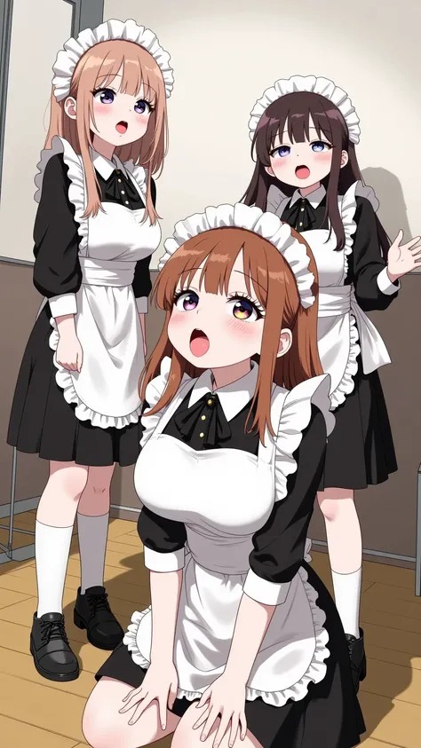   in school uniforms and maid costumes also watching you  , wearing school uniform with maid outfit also , Schoolgirl maid  ,  behind the hands ,   POV sitting on the floor looking up at you   