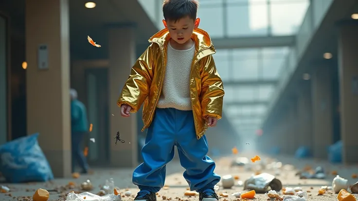 Let someone in blue pants and a shiny coat in a long-haired white T-shirt throw garbage on the floor