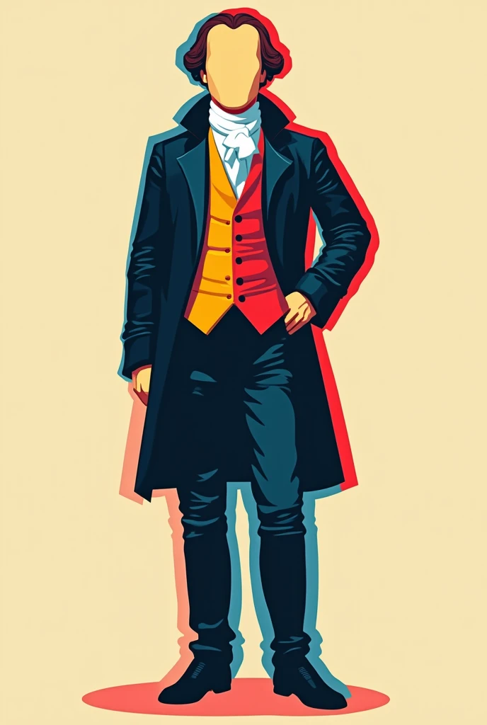 A simplified, faceless figure but with The form of The founding father Alexander Hamilton with a bold, geometric form, featuring a predominantly blue, red, and yellow color scheme, outlined with thick, black contours, creating a striking visual contrast, w...