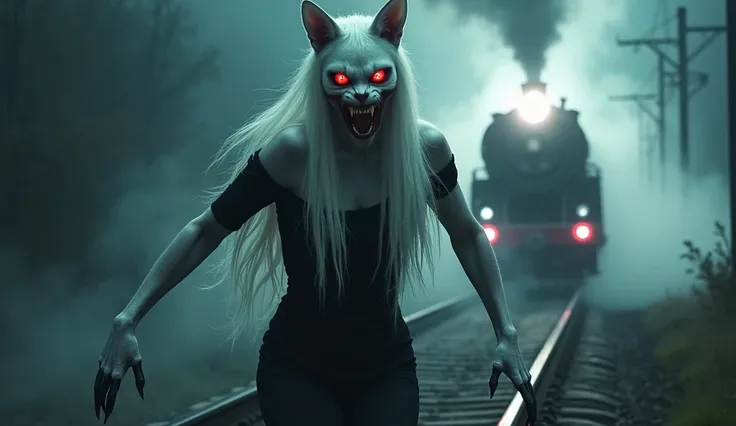 A terrifying anthropomorphic ghostly cat-woman with long, flowing white hair and glowing red eyes hovers aggressively above railway tracks at night. She wears a sleek, black off-shoulder dress, her sharp claws extended, and her wide, menacing grin reveals ...