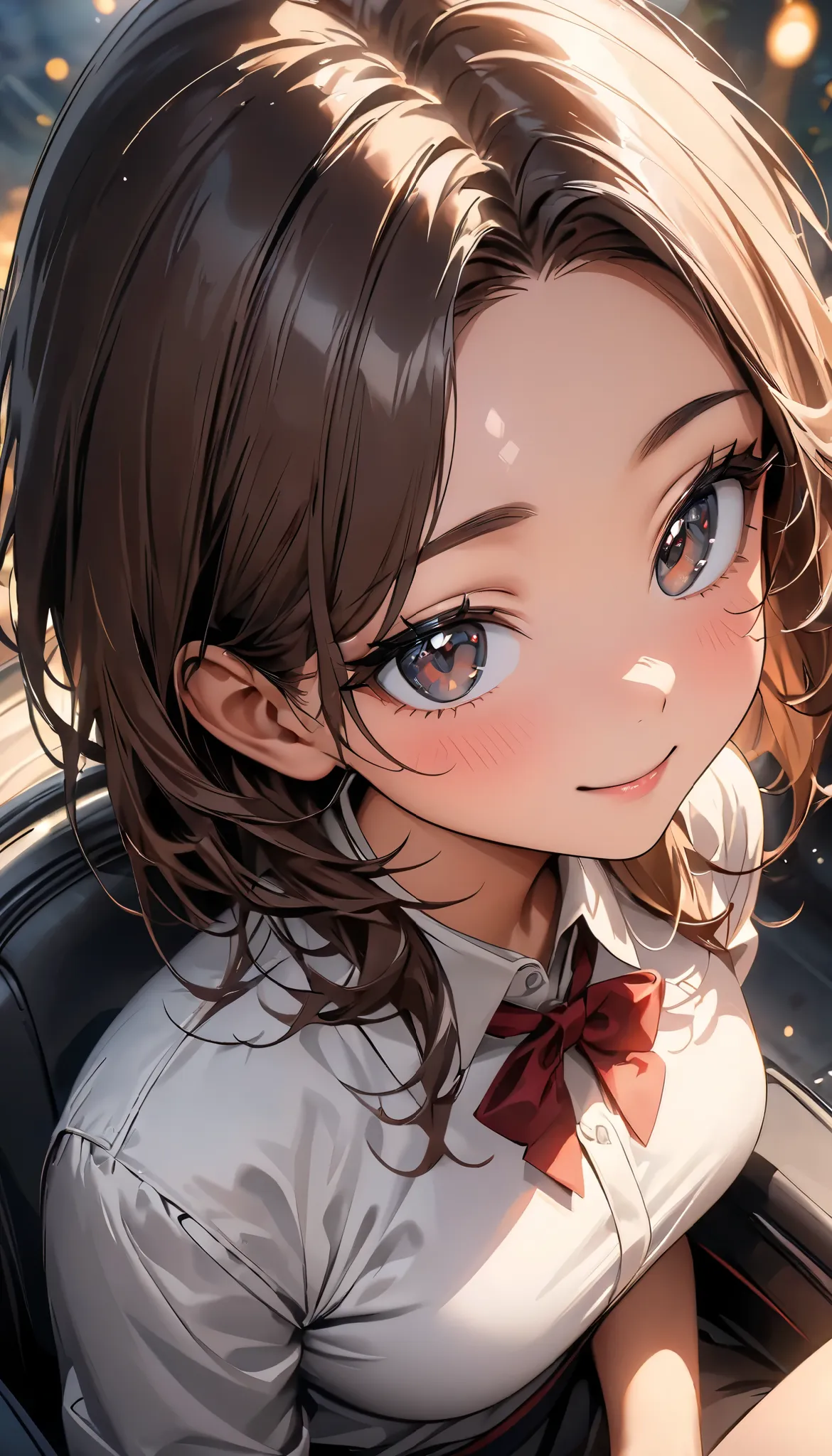 ( highest quality:1.2, very well detailed , Latest,  lively,  Masterpiece:1.2,  highest quality,  Best Aesthetics), ((( in the seat))),  Sweet Smile , Watery eyes,  red cheeks, I sigh.,  beautiful girl portrait ,  on the forehead,   composition from above ...