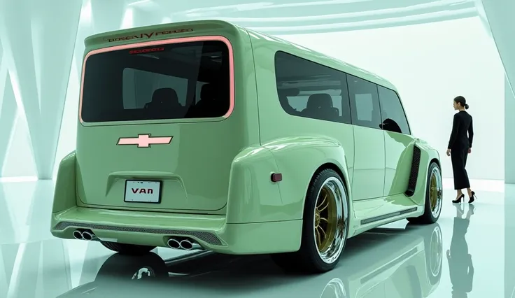 Back  view of painted (Gleamy creamy Green)with shiny clour  New  ( 2026 Chevrolet Express Passenger Van )  Officially  sleek in large shape sedan in large size with (2026 Chevrolet Express Passenger Van   its large detailed grille in shiny white clour wit...