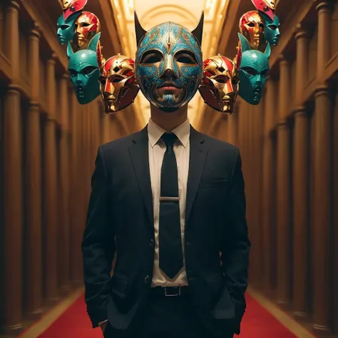 arafed man in a suit and tie with masks on his head, symmetrical portrait scifi, abstract occult epic composition, symmetrical portrait, frank moth, by Milton Menasco, symmetrical artwork. cinematic, portrait of male humanoid, a portrait of @hypnos_onc, sy...