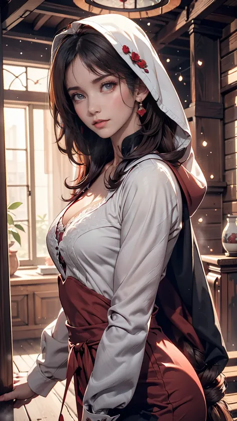 (realistic oil art,  hip-length images,   pearly eyes walking down the stairs {x} , British, black eyes,  Brilliant Appearance ,  redhead,  short hair), Ezio Auditore tunic, Hooded, black,  brown, Red Details , Decorations, Freckles 10% Cheekbone,  perfect...