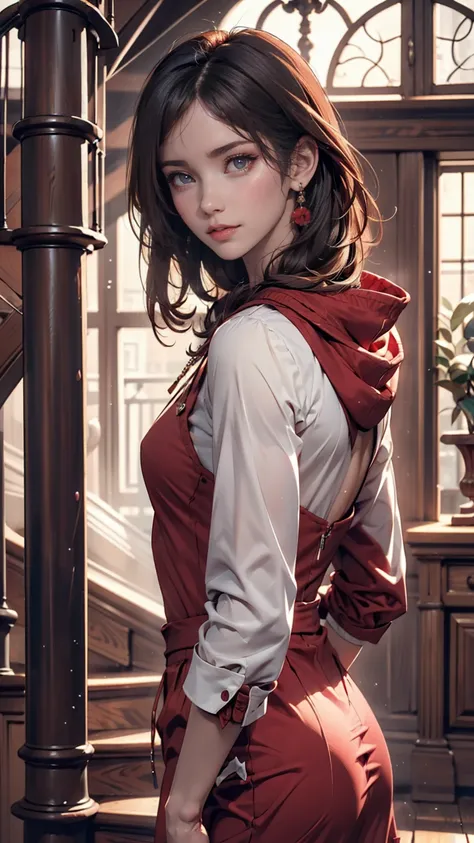 (realistic oil art,  hip-length images,   pearly eyes walking down the stairs {x} , British, black eyes,  Brilliant Appearance ,  redhead,  short hair), Ezio Auditore tunic, Hooded, black,  brown, Red Details , Decorations, Freckles 10% Cheekbone,  perfect...