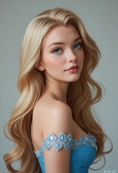 Princess no disney, inspired by disney cartoon, blond long hair, big blue eys, Face, ditalet face, 8K, photographed in profile