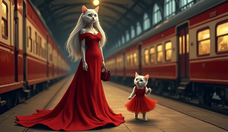 A beautifully detailed digital painting of an elegant anthropomorphic cat-woman with long, flowing silver hair, walking through a vintage train station at night. She wears a stunning red, off-shoulder gown with a flowing train, holding a small handbag in o...