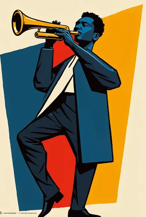 A simplified, faceless figure but with The form of  jazz trumpetist Louis Anstrong with a bold, geometric form, featuring a predominantly blue, red, and yellow color scheme, outlined with thick, black contours, creating a striking visual contrast, with the...