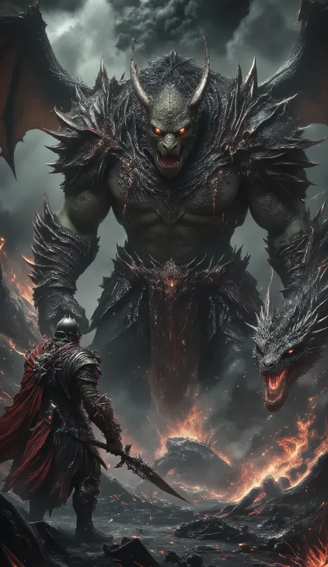 A dark fantasy scene featuring a towering green-skinned ogre warrior with glowing orange eyes, clad in jagged black armor with a tattered red cape. His muscular body is covered in battle scars, and he grips a massive warhammer resting against the scorched ...
