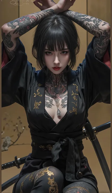 8k, masterpiece, high resolution, realistic, beautifull, perfect, flawless, The image shows a woman with black hair, wearing a black kimono with gold accents.
She has a serious expression on her face.
The woman has a full-sleeve tattoo on her left arm and ...