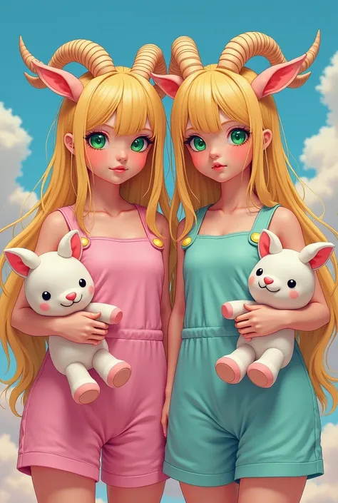 Twins ,  a  and a  , blonds aux yeux verts,  with jumpsuits ,  my long hair , des oreilles de moutons et des cornes,  holding a stuffed toy in their arms each.  In a manga style 