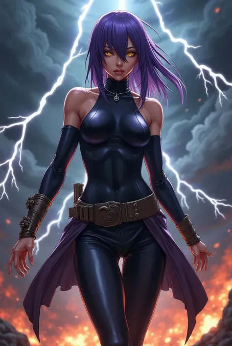 A female warrior inspired by Yoruichi from Bleach, in her iconic battle-ready stance. She has long purple hair styled in her signature bob cut, with sharp golden eyes that convey intensity and focus. Her skin is a sun-kissed, dark tone, emphasizing her pow...