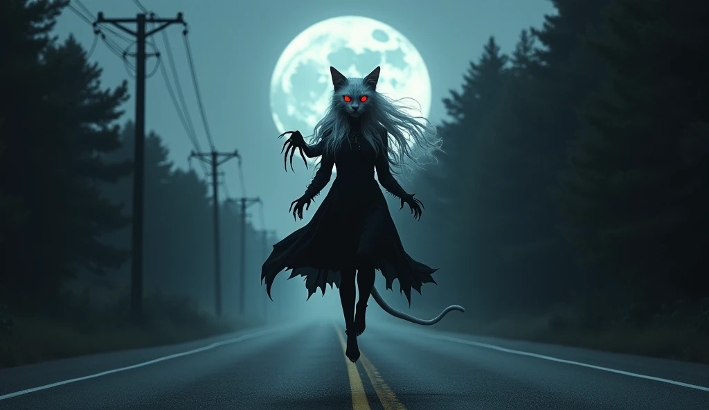 A ghostly anthropomorphic cat with glowing red eyes and flowing silver hair hovers menacingly over a deserted road at night. She wears a sleek black gothic dress with bat-like sleeves, adding to her eerie presence. The full moon in the background casts a c...