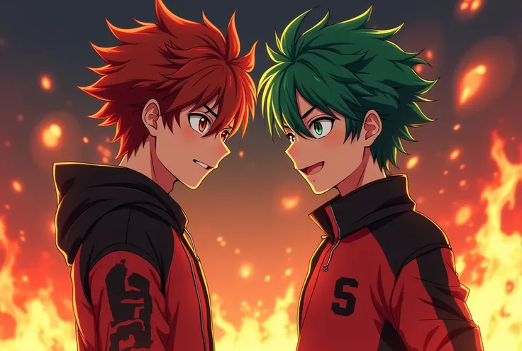 2 male oc adolescent de l'anime inazuma eleven victory road de 18 ans musclé sauvage menaçant aggressif sauvage.
sont dans une usine entoure de flammes 
garçon 1 cheveux rouge et vert form dragons yeux ecarlate stylé artificiel maquillage du joker uniform ...