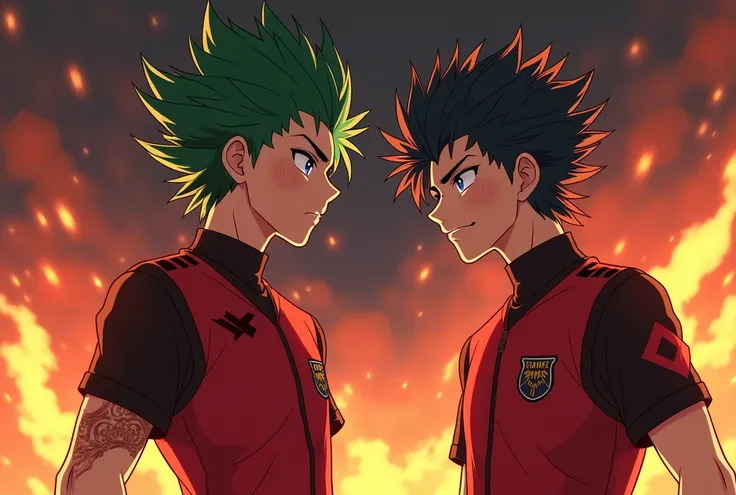 2 male oc adolescent de l'anime inazuma eleven victory road de 18 ans musclé sauvage menaçant aggressif sauvage.
sont dans une usine entoure de flammes 
garçon 1 cheveux rouge et vert form dragons yeux ecarlate stylé artificiel maquillage du joker uniform ...