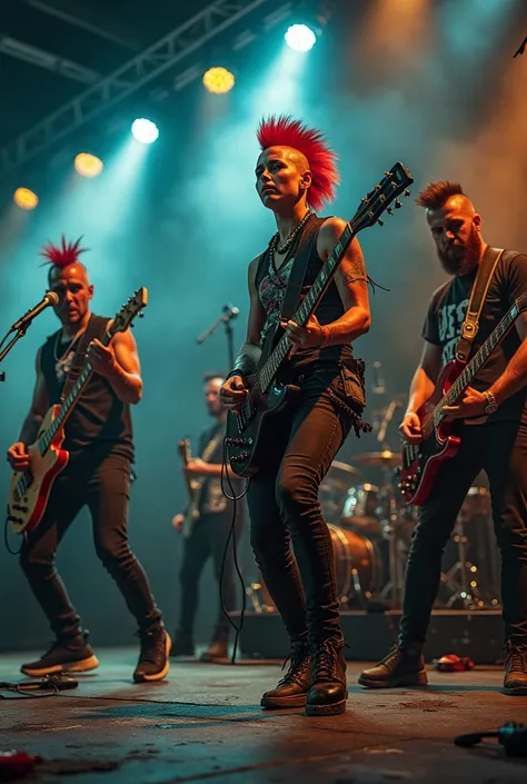 a punk rock band on stage live. all the members have mohawk hairstyles and only  drummer is female