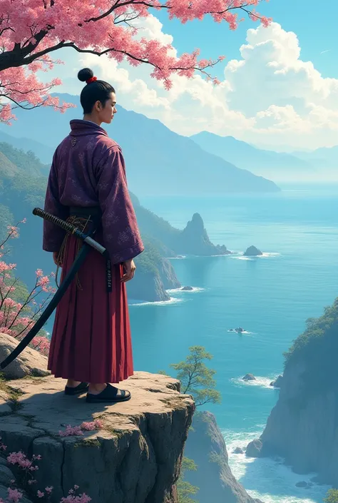 A Japanese-looking guy stands on a cliff,wearing traditional samurai clothes, the guy has a katana on his belt. the cliff is decorated with sakura paintings. background: beautiful view of the Sea of Japan from a cliff.  The guy looks into the distance . Pu...