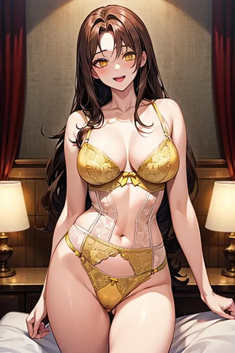 (((yellow lingerie))), Very detailed、highest quality、Best image quality、masterpiece、8k、Anime Face、A kind smile、Open Mouth、((brown long hair:1.5))、big breast, sexy、 beautiful body 、Cowboy Shot, Sexual Intercourse, ((yellow eyes)), hotel bedroom, 