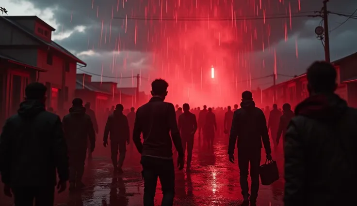 Create an AI-generated image with a 16:9 ratio depicting a terrifying scene where people are in shock and fear as blood rains from the sky. The atmosphere is dark and ominous, with stormy clouds overhead, casting an eerie red glow. Some individuals are scr...