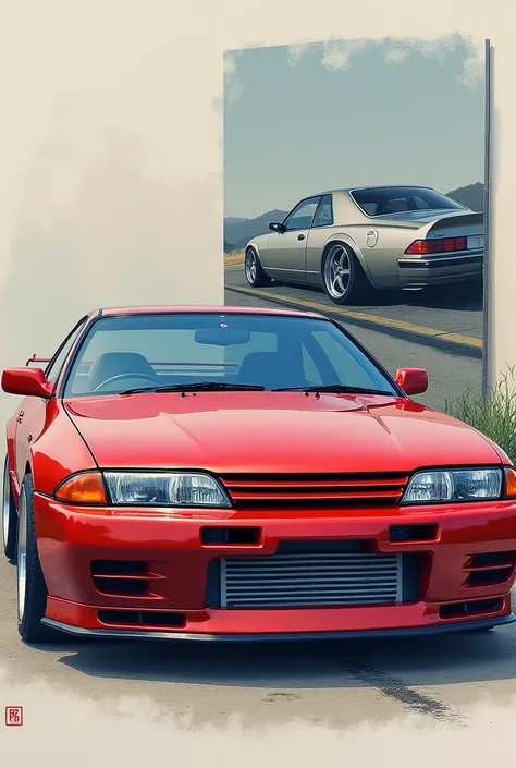 a close up of a car with a picture of a car in the background, a pastel by Nōami, unsplash,  sōsaku hanga, front profile!!!!, front side views full, front profile, wide body, 1993, 1 9 9 3, front profile shot, gtr xu1, 1 9 9 2, 1992