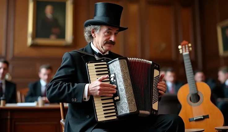 Create a realistic image of a town hall meeting room.
It includes a man of about 45 years old with a moustache, dressed in a tailcoat, with a top hat playing the accordion.
It includes in the image: A classical guitar, a txistu and a tambourine.