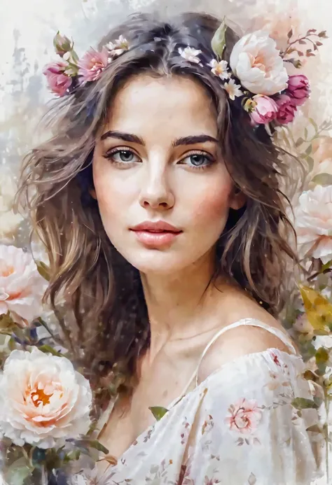 Soft picture of a beautiful European woman and some flowers, faded colors, as a design, white background, super soft painting with oil, soft colors, indefinite smears, paint, romantic painting style, flowers blurred in the background, low detail, -AR 2: 3 ...