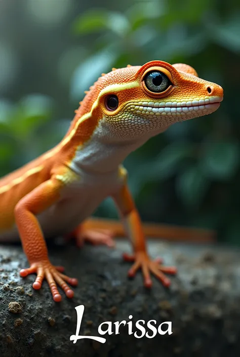 A realistic image of a gecko and put Larissa's name on it 