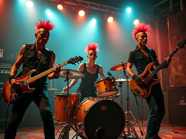 a punk rock band on stage live. all the members have mohawk hairstyles and only  drummer is female