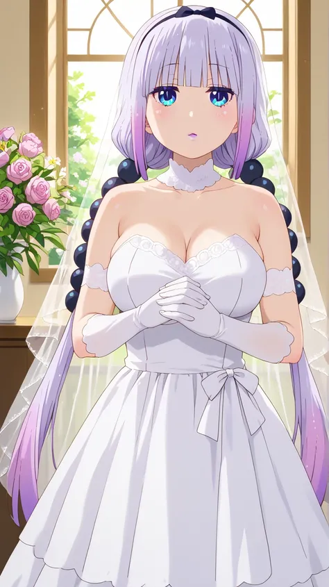 score_9, score_8_up, score_7_up, source_anime, 1girl, solo, kanna kamui, long hair, bangs, blue eyes, hair ornament, twintails, blunt bangs, low twintails, light purple hair, beads, dragon girl, hair beads, hairband, milfication,mature female,milf,gigantic...