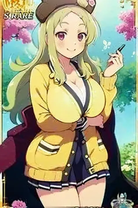 four seasons,( Masterpiece),( top quality),2D, anime,  ( Anime art),  lineart  , watercolor,loli,(large breasts),smile,1 girl,(school uniform, Cardigan),(blonde hair),Alone,