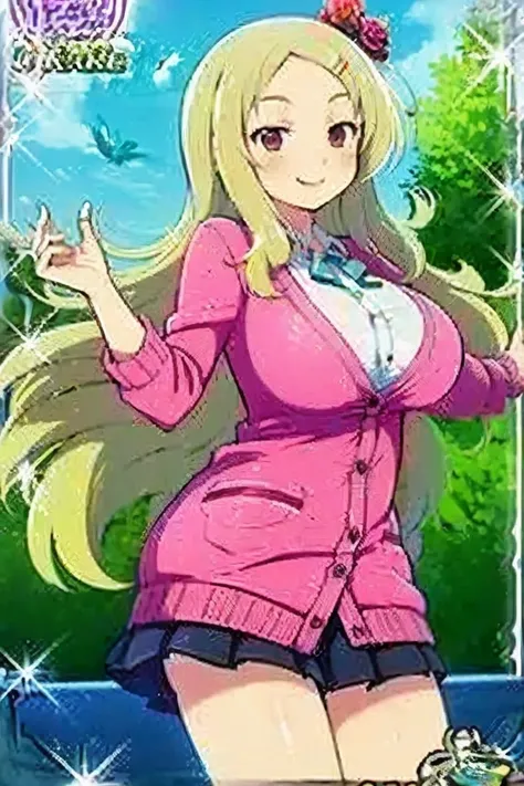 four seasons,( Masterpiece),( top quality),2D, anime,  ( Anime art),  lineart  , watercolor,loli,(large breasts),smile,1 girl,(school uniform, Cardigan),(blonde hair),Alone,