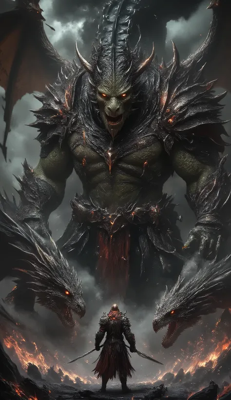 Dragon, warrior and Ogre: A dark fantasy scene featuring a towering green-skinned ogre warrior with glowing orange eyes, clad in jagged black armor with a tattered red cape. His muscular body is covered in battle scars, and he grips a massive warhammer res...