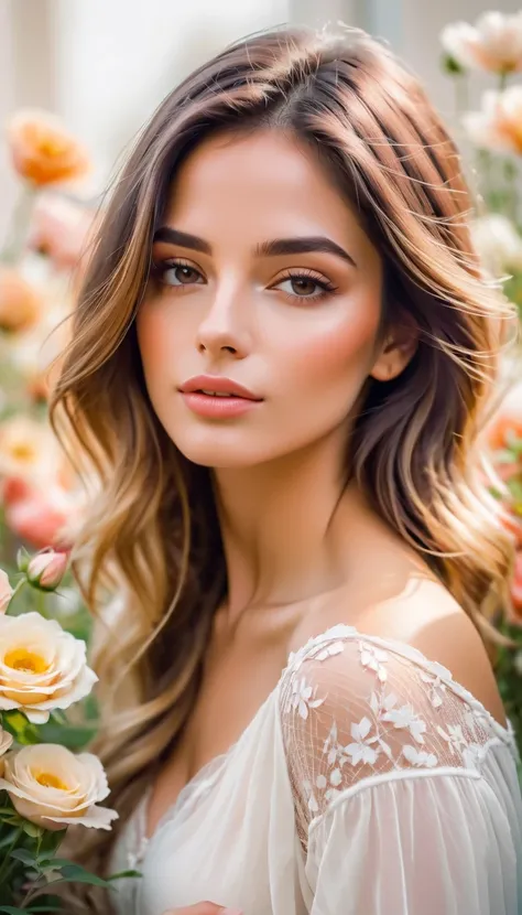 Soft picture of a beautiful European woman and some flowers, faded colors, as a design, white background, super soft painting with oil, soft colors, indefinite smears, paint, romantic painting style, flowers blurred in the background, low detail, -AR 2: 3 ...